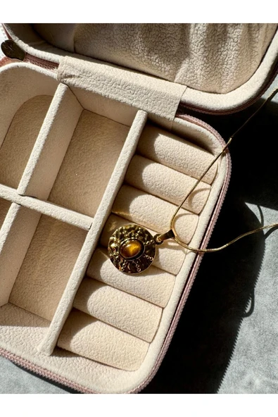 LUXSTONE  Kahverengi Taşlı Vintage Gold Çelik Kolye