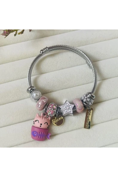 LUXSTONE  Kedi Charm Çelik Bileklik