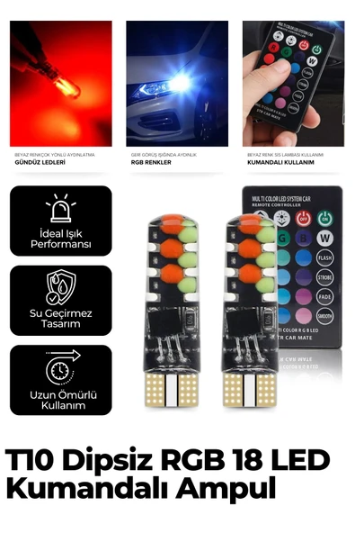 Kingstar Kumandalı T10 Araç Park Ampulü ( 2 Adet ) 18 Led Rgb - Tüm Araçlara Uyumlu Dipsiz
