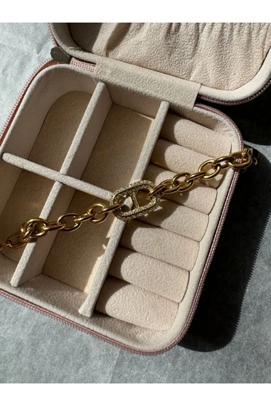 LUXSTONE  Halka Zirkon Taşlı Gold Çelik Bileklik - 3