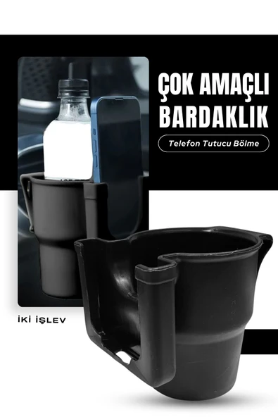 Kingstar Araç içi Telefon Tutucu Bölmeli Geniş Hazneli Bardaklık Tutucu Klipsli Siyah Uyumlu