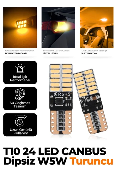Kingstar T10 Dipsiz W5w Canbus 24 Ledli Turuncu Park Plaka Ampulü (2 ADET)