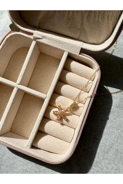 LUXSTONE  Pembe Taşlı Çiçek Gold Çelik Kolye - 2