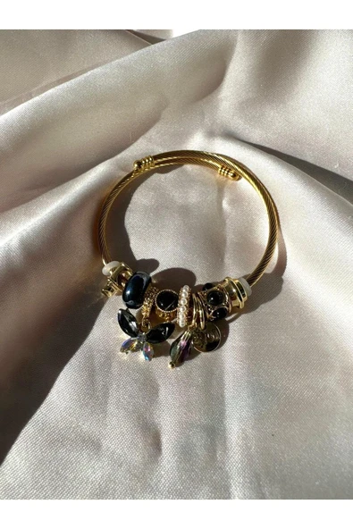 LUXSTONE  Kelebek Taşlı Charm Gold Çelik Bileklik