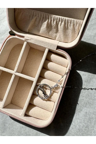 LUXSTONE  Love Yazılı Zirkon Taşlı Gümüş Çelik Kolye - 3