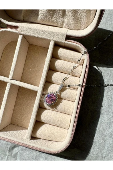 LUXSTONE  Pembe Zirkon Taşlı Gümüş Çelik Kolye - 2