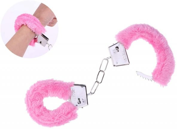Aydınlı Parti Aksesuar Pembe Renk Peluş Tüylü Anahtarlı Metal Kelepçe