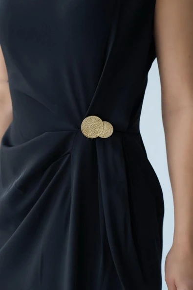 Belden Düğmeli Elbise - Siyah - 5