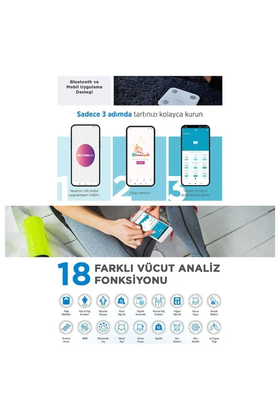 NEUTRON Yağ Ölçer Fonksiyonlu Baskül Akıllı Bluetooth Tartı - Beyaz - 3
