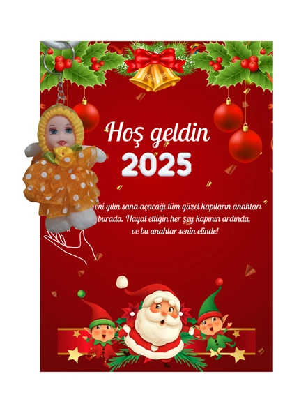 Yeni Yıl Noel Baba Kart Üzerinde Anahtarlık (Kişiye Özel Yazı Yazdırılabilir) Tütü Bebek  5 Adet - 3