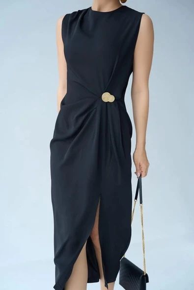 Belden Düğmeli Elbise - Siyah - 2