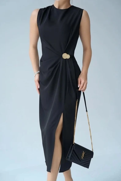 Belden Düğmeli Elbise - Siyah - 4