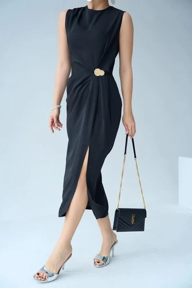 Belden Düğmeli Elbise - Siyah