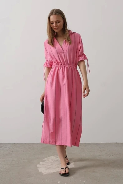 Beli Lastikli Elbise - Pembe