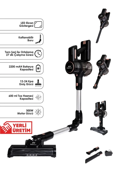 Pirantech ES411 LED Ekranlı Katlanabilir Yüksek Emiş Güçlü Dikey Şarjlı Süpürge