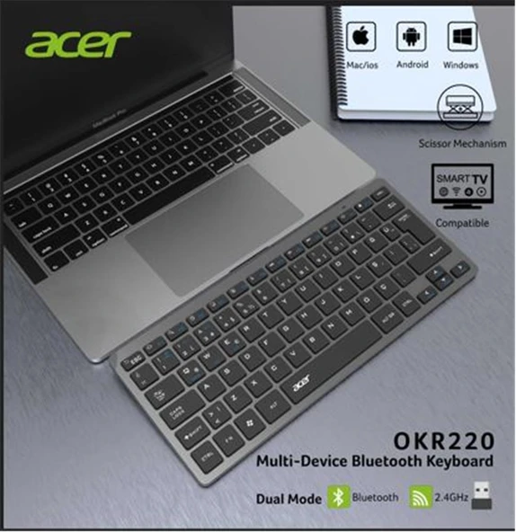 Acer OKR220 Siyah MultiDevice Dual Mode 2.4GHZ Bluetooth Klavye (Smart Tv)(Android) - 2