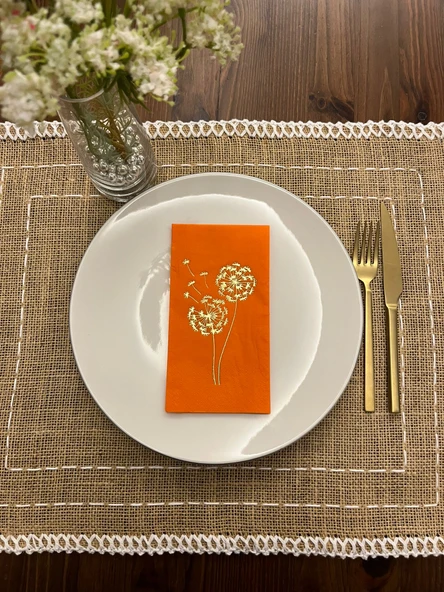 Gold Yaldızlı Turuncu Hindiba Çiçeği Baskılı Garson Katlama Peçete 16 Adet ürün görseli 1