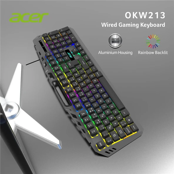 Acer OKW213 Siyah RGB Rainbow Backlit Gaming Keyboard Rainbow (Kablo Uzunluğu 1,5mt) - 2