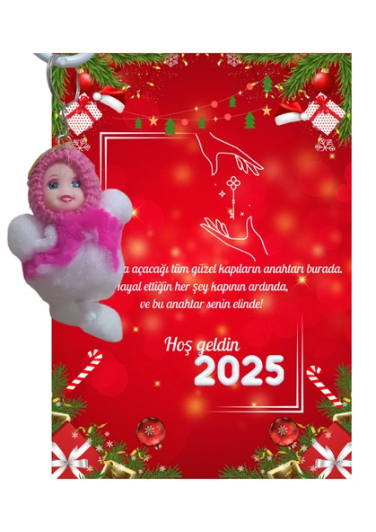Yeni Yıl 2025 Kart Üzerinde Anahtarlık (Kişiye Özel Yazı Yazdırılabilir) Peluş Bebek - 4
