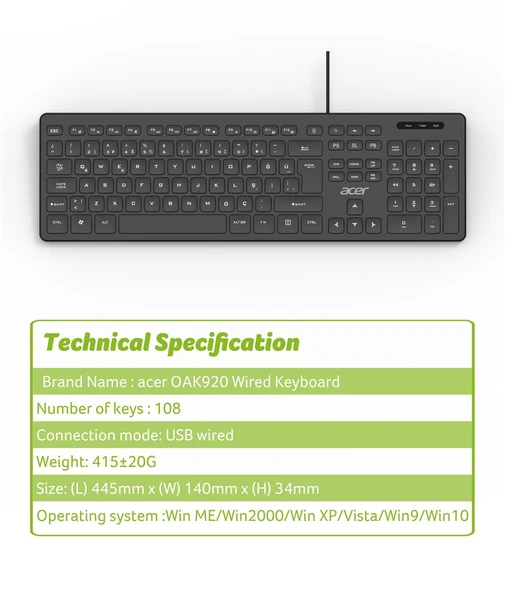 Acer OAK920 Q Usb SİYAH 1.8mt  Kablolu Klavye-Tek Tuş Hesap Makinalı (Sessiz Tuş) - 2