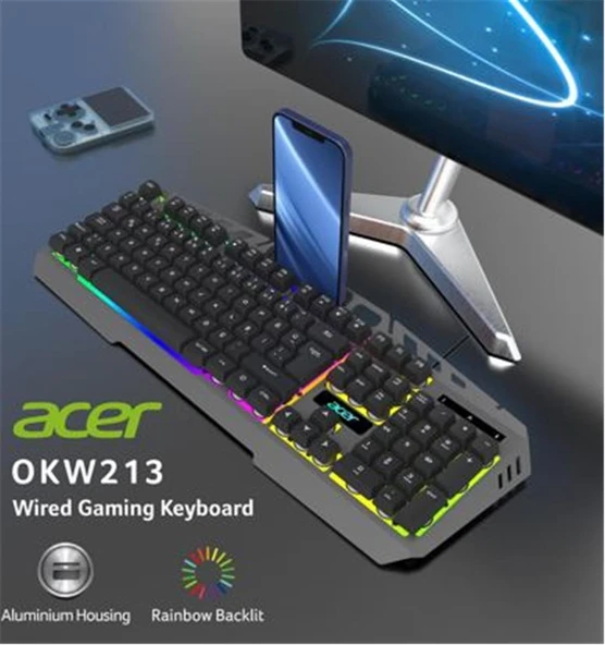 Acer OKW213 Gri RGB Rainbow Backlit Gaming Keyboard Rainbow (Kablo Uzunluğu 1,5mt) - 2