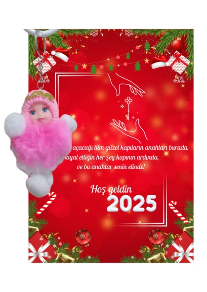 Yeni Yıl 2025 Kart Üzerinde Anahtarlık (Kişiye Özel Yazı Yazdırılabilir) Peluş Bebek - 3
