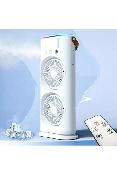 Inovaxis Buharlı Çift Pervaneli Işıklı Vantilatör Uzaktan Kumandalı Taşınabilir Şarjlı Midi Fan