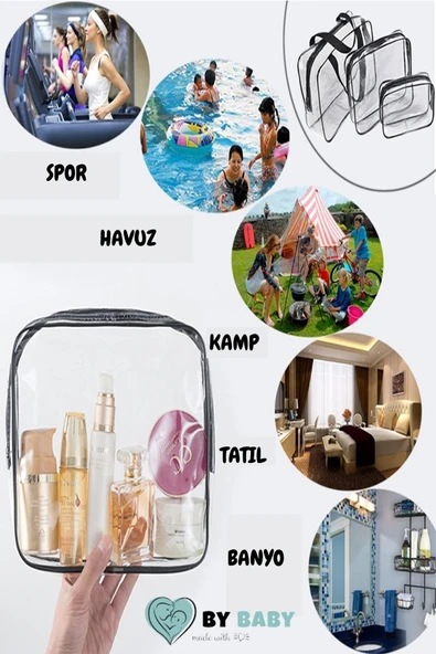 Tatil, Plaj, Kozmetik ,makyaj Bakım Çantası Seti, Şeffaf Su Geçirmez , 3 Adet Çanta - 6