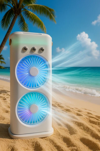 Inovaxis Buharlı Çift Pervaneli Işıklı Vantilatör Uzaktan Kumandalı Taşınabilir Şarjlı Midi Fan