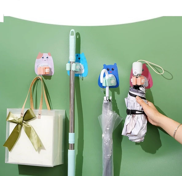 4 Adet Karikatür Figürlü Yapışkanlı Süpürge Mop Fırça Sap Tutucu Delmesiz Mutfak Banyo Askı - 3