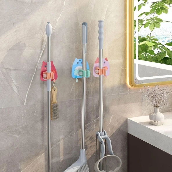 4 Adet Karikatür Figürlü Yapışkanlı Süpürge Mop Fırça Sap Tutucu Delmesiz Mutfak Banyo Askı - 5