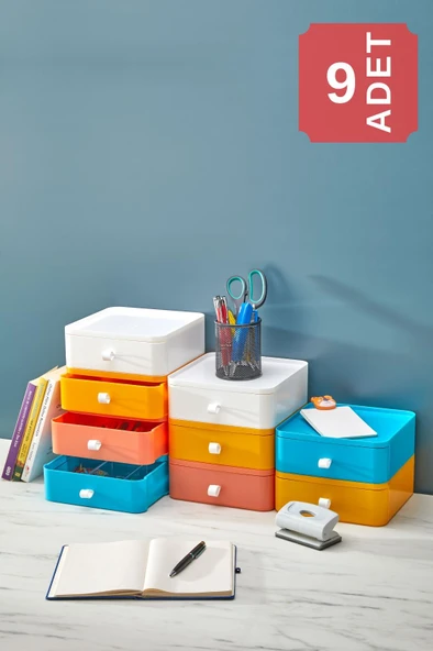 HOMENIVA Nivabox 9’lu Takı, Makyaj ve Kozmetik Düzenleyici Çekmece, Ofis Masa Düzenleyici MIX
