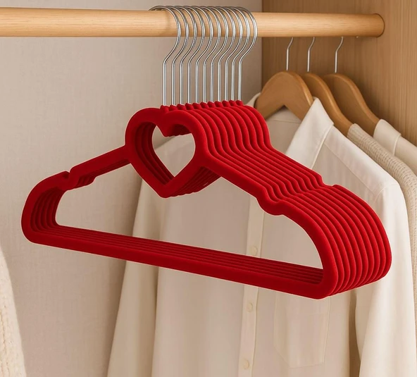 Efe Mark Premium Serisi 20'li Ekonomik Paket Kadife Kaydırmaz Elbise Kıyafet Askısı Kırmızı - Resim 3