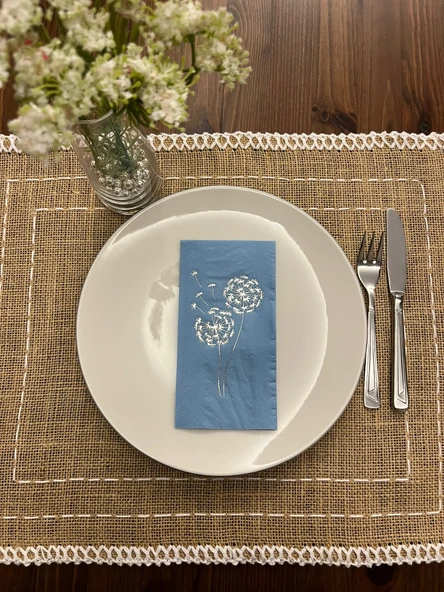 Gümüş Yaldızlı Mavi Hindiba Çiçeği Baskılı Garson Katlama Peçete 16 Adet ürün görseli