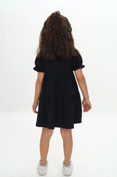 Kız Çocuk Relax Fit Bisiklet Yaka Kısa Kollu Kat Kat Elbise - Düğmeli - Resim 10