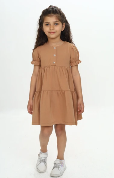 Kız Çocuk Relax Fit Bisiklet Yaka Kısa Kollu Kat Kat Elbise - Düğmeli - Resim 2