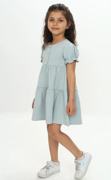 Kız Çocuk Relax Fit Bisiklet Yaka Kısa Kollu Kat Kat Elbise - Düğmeli - Resim 12