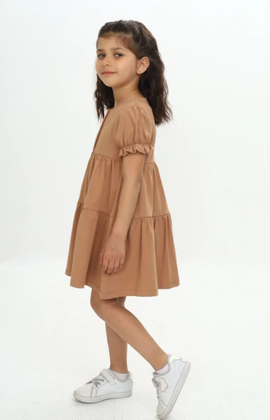 Kız Çocuk Relax Fit Bisiklet Yaka Kısa Kollu Kat Kat Elbise - Düğmeli - Resim 4