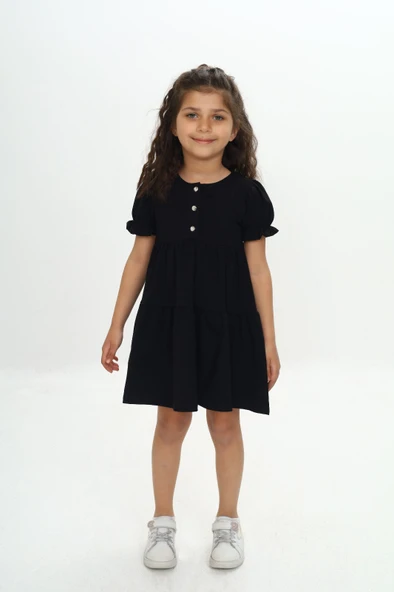 Kız Çocuk Relax Fit Bisiklet Yaka Kısa Kollu Kat Kat Elbise - Düğmeli - Resim 6
