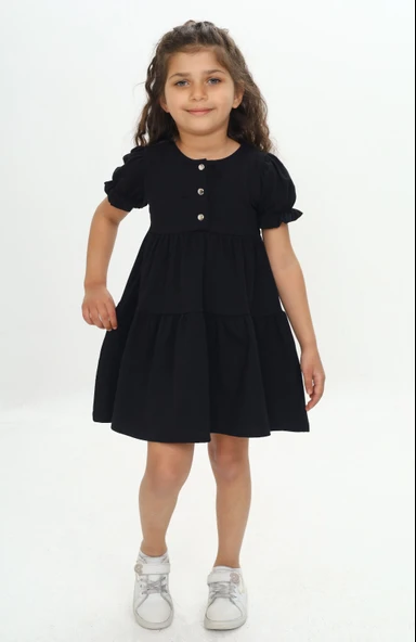 Kız Çocuk Relax Fit Bisiklet Yaka Kısa Kollu Kat Kat Elbise - Düğmeli - Resim 9