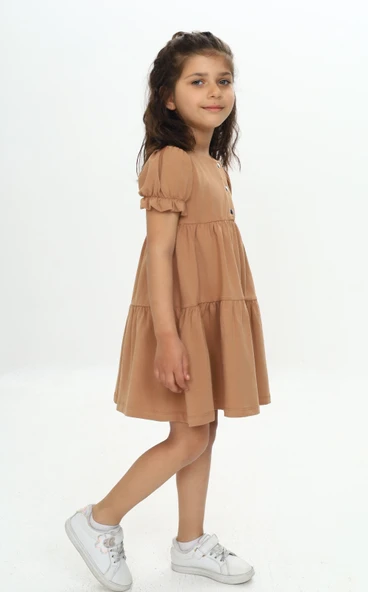 Kız Çocuk Relax Fit Bisiklet Yaka Kısa Kollu Kat Kat Elbise - Düğmeli - Resim 3