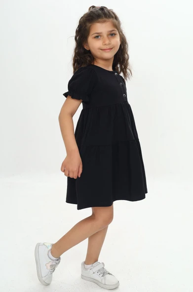 Kız Çocuk Relax Fit Bisiklet Yaka Kısa Kollu Kat Kat Elbise - Düğmeli - Resim 8