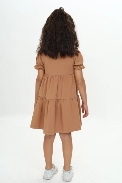 Kız Çocuk Relax Fit Bisiklet Yaka Kısa Kollu Kat Kat Elbise - Düğmeli - Resim 5