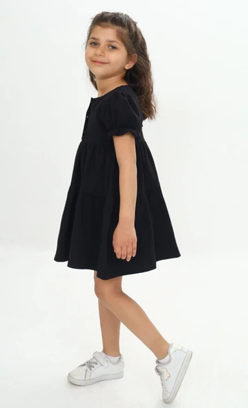 Kız Çocuk Relax Fit Bisiklet Yaka Kısa Kollu Kat Kat Elbise - Düğmeli - Resim 7