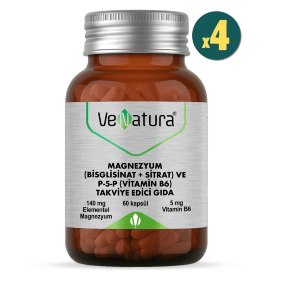 VeNatura Magnezyum (Bisglisinat+Sitrat) ve P5P (Vitamin B6) 60 Kapsül 4 Adet