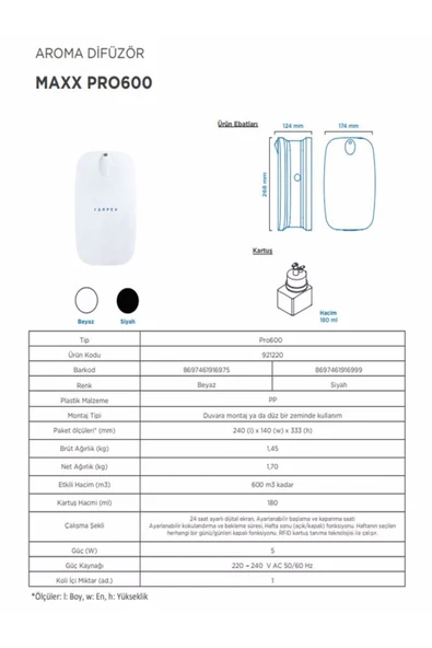 Carpex Maxx Pro 600 Geniş Alan Koku Makinesi Siyah + 120ml. Koku Kartuşu Big Boss - Resim 2