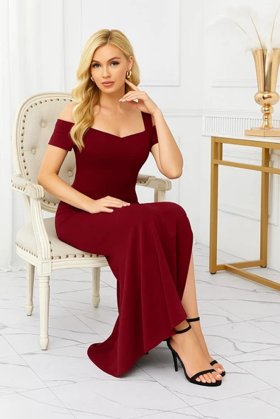 Kadın omuzlardan açık askılı yırtmaç detaylı uzun krep abiye - 3