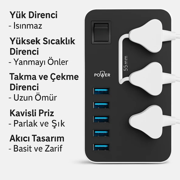 Uzatma Kablosu 6 USB 3 Priz Girişli Aşırı Gerilim Koruyuculu Güç Şeridi - 2