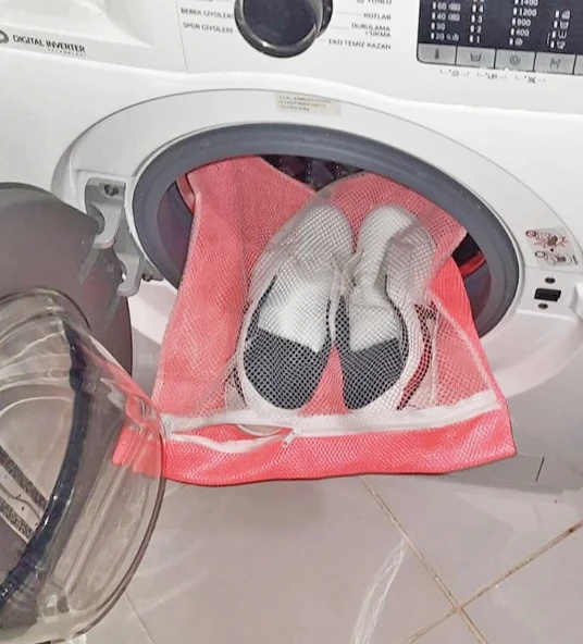 Pembe Fermuarlı - Hassas Çamaşır Terlik  Ayakkabı Yıkama Filesi Büyük Boy - 5