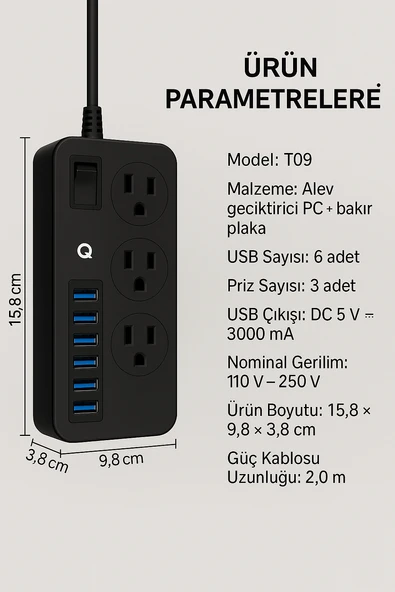 Uzatma Kablosu 6 USB 3 Priz Girişli Aşırı Gerilim Koruyuculu Güç Şeridi - 3